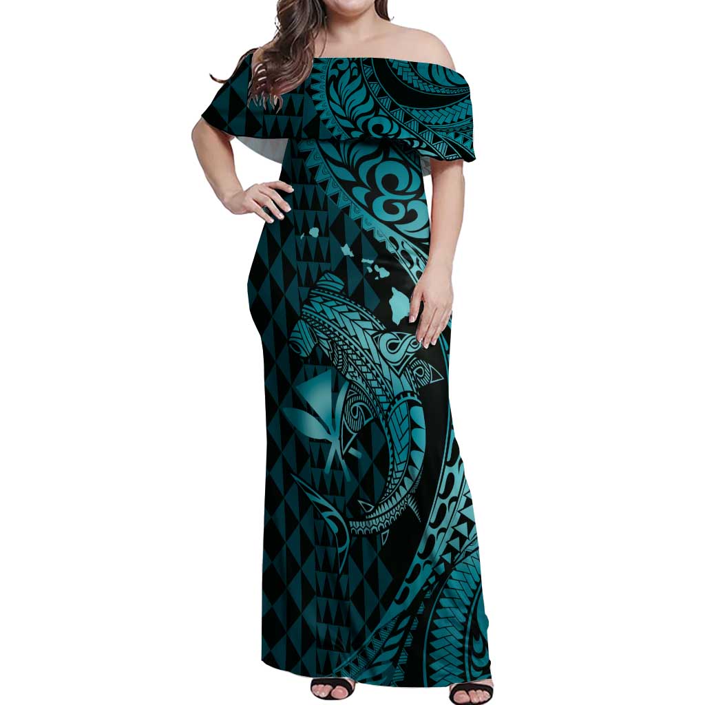 Aloha Hawaii Hammerhead Shark Off Shoulder Maxi Dress Turquoise Kakau and Polynesian Tattoo LT03 Women Turquoise - Polynesian Pride