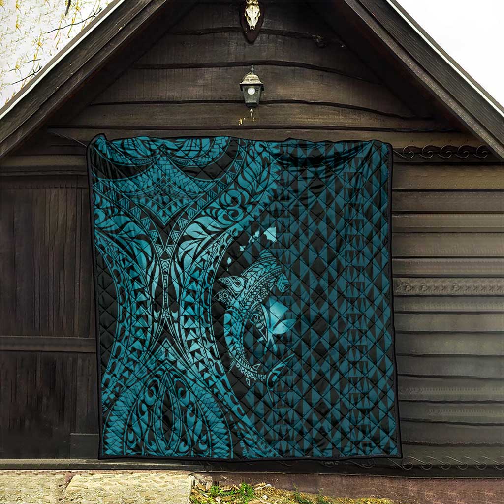 Aloha Hawaii Hammerhead Shark Quilt Turquoise Kakau and Polynesian Tattoo LT03