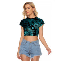 Aloha Hawaii Hammerhead Shark Raglan Cropped T Shirt Turquoise Kakau and Polynesian Tattoo LT03