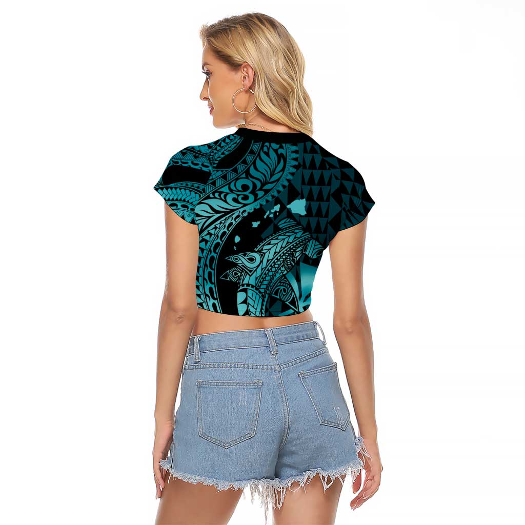 Aloha Hawaii Hammerhead Shark Raglan Cropped T Shirt Turquoise Kakau and Polynesian Tattoo LT03