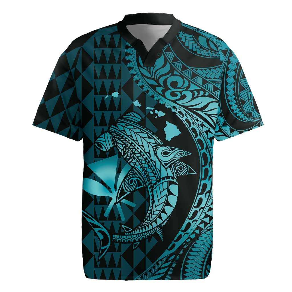 Aloha Hawaii Hammerhead Shark Rugby Jersey Turquoise Kakau and Polynesian Tattoo LT03