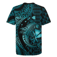 Aloha Hawaii Hammerhead Shark Rugby Jersey Turquoise Kakau and Polynesian Tattoo LT03