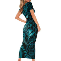 Aloha Hawaii Hammerhead Shark Short Sleeve Bodycon Dress Turquoise Kakau and Polynesian Tattoo LT03