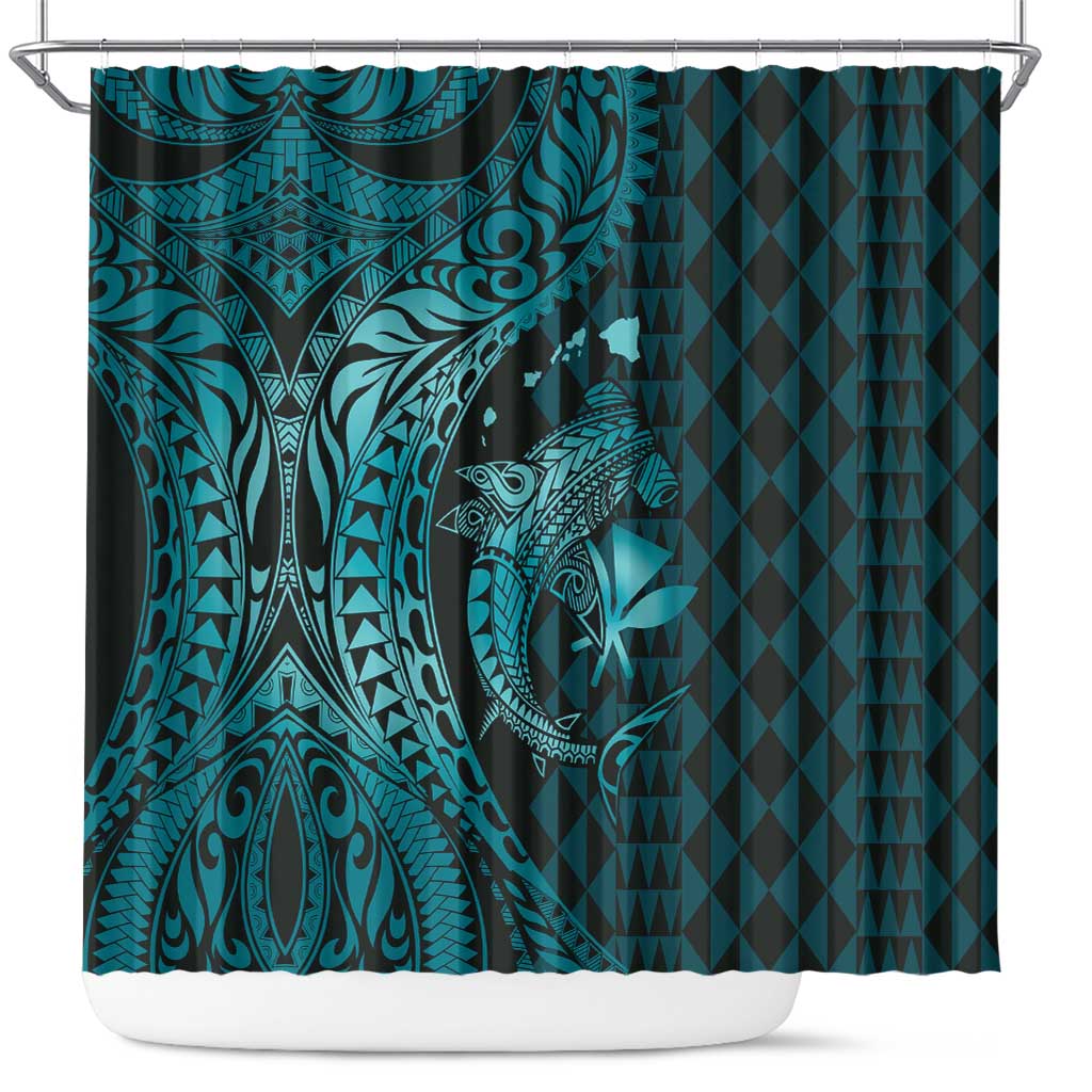 Aloha Hawaii Hammerhead Shark Shower Curtain Turquoise Kakau and Polynesian Tattoo LT03 Turquoise - Polynesian Pride