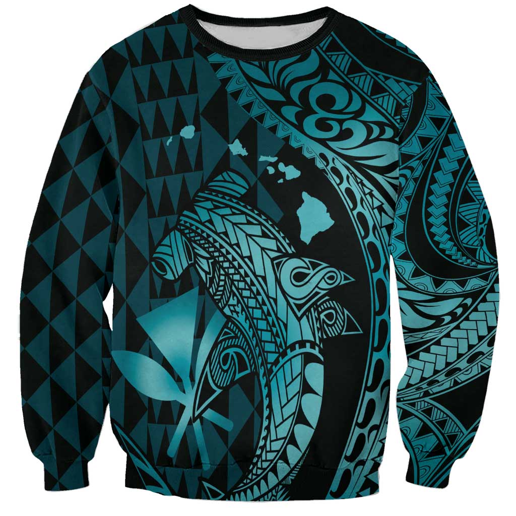 Aloha Hawaii Hammerhead Shark Sweatshirt Turquoise Kakau and Polynesian Tattoo LT03