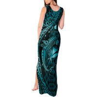 Aloha Hawaii Hammerhead Shark Tank Maxi Dress Turquoise Kakau and Polynesian Tattoo LT03