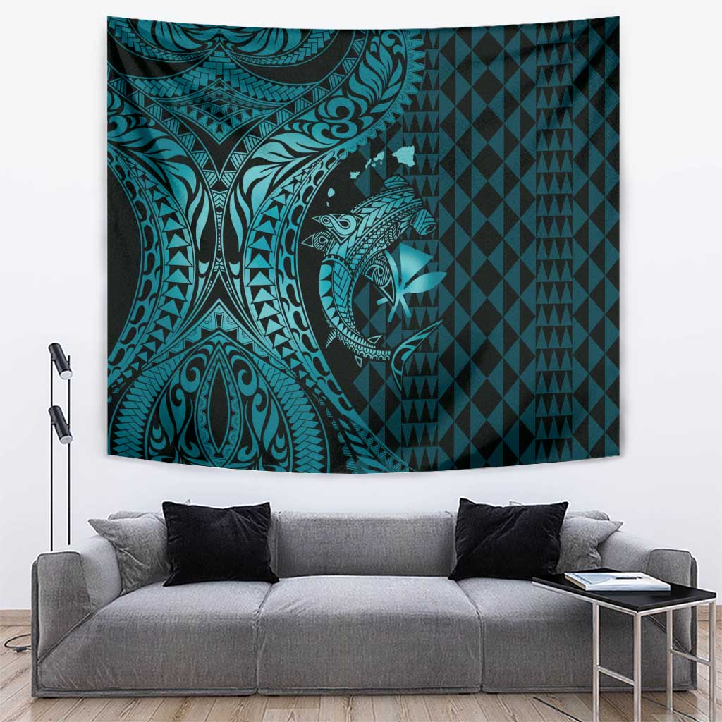 Aloha Hawaii Hammerhead Shark Tapestry Turquoise Kakau and Polynesian Tattoo LT03 Turquoise - Polynesian Pride