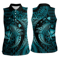 Aloha Hawaii Hammerhead Shark Women Sleeveless Polo Shirt Turquoise Kakau and Polynesian Tattoo LT03