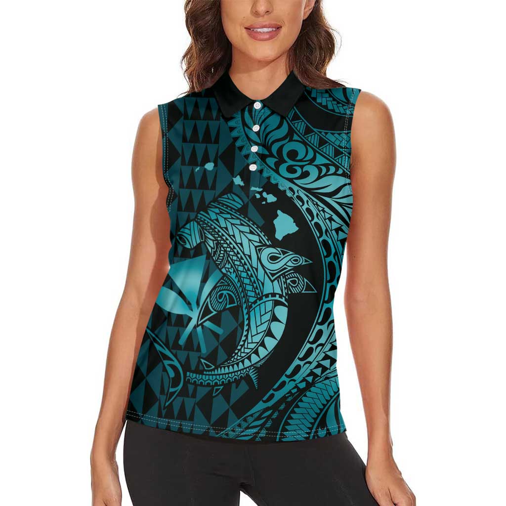Aloha Hawaii Hammerhead Shark Women Sleeveless Polo Shirt Turquoise Kakau and Polynesian Tattoo LT03