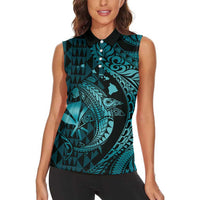 Aloha Hawaii Hammerhead Shark Women Sleeveless Polo Shirt Turquoise Kakau and Polynesian Tattoo LT03
