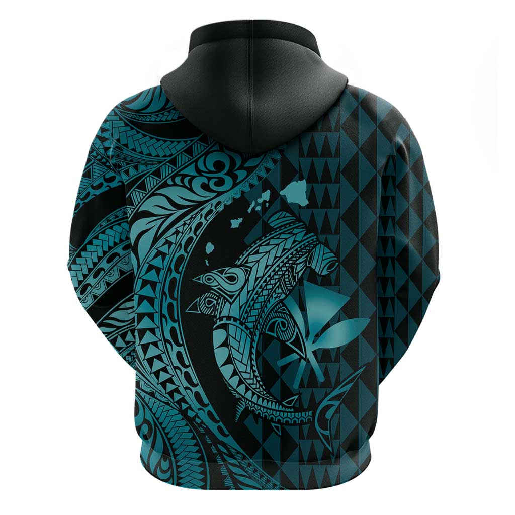 Aloha Hawaii Hammerhead Shark Zip Hoodie Turquoise Kakau and Polynesian Tattoo LT03