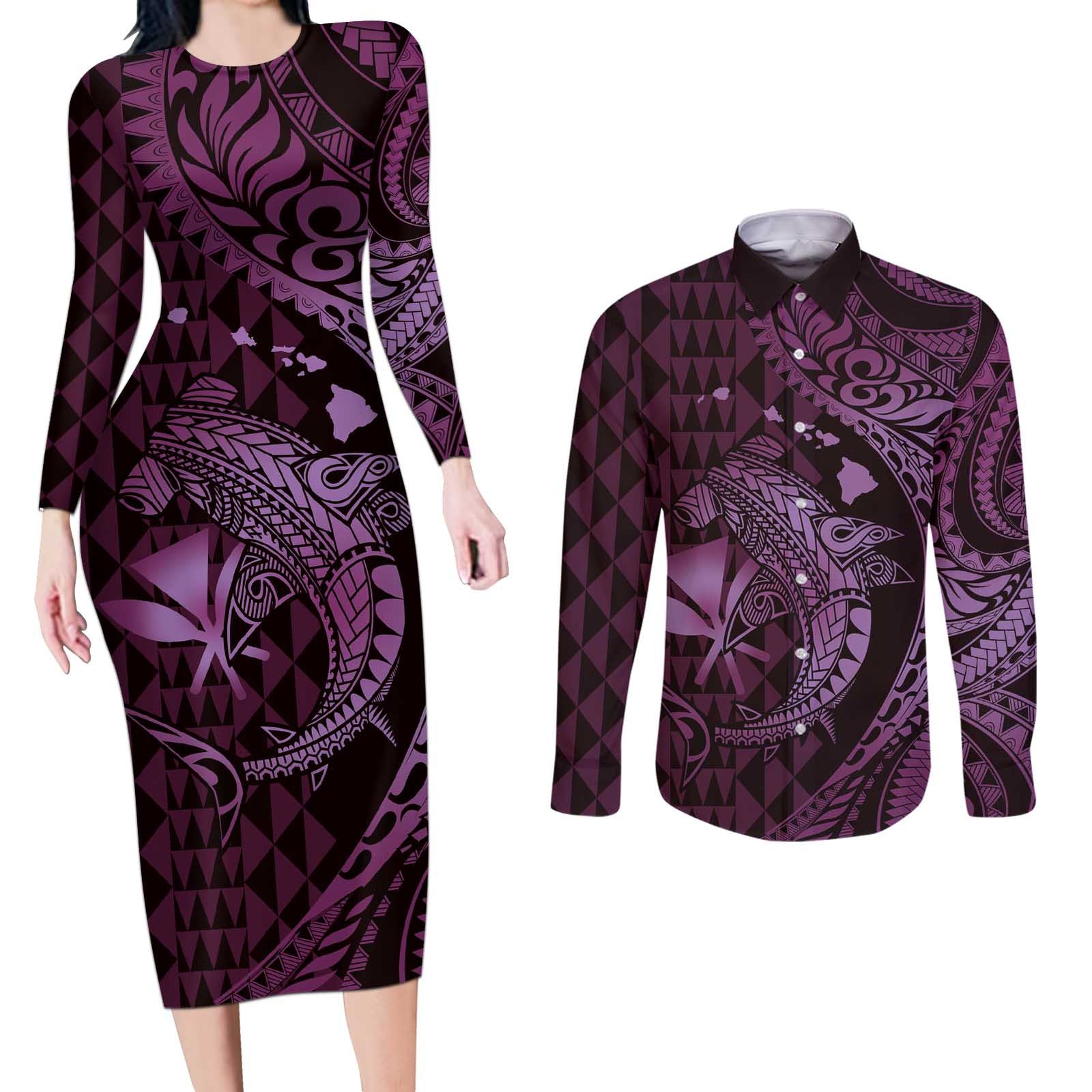 Aloha Hawaii Hammerhead Shark Couples Matching Long Sleeve Bodycon Dress and Long Sleeve Button Shirt Purple Kakau and Polynesian Tattoo LT03 Purple - Polynesian Pride