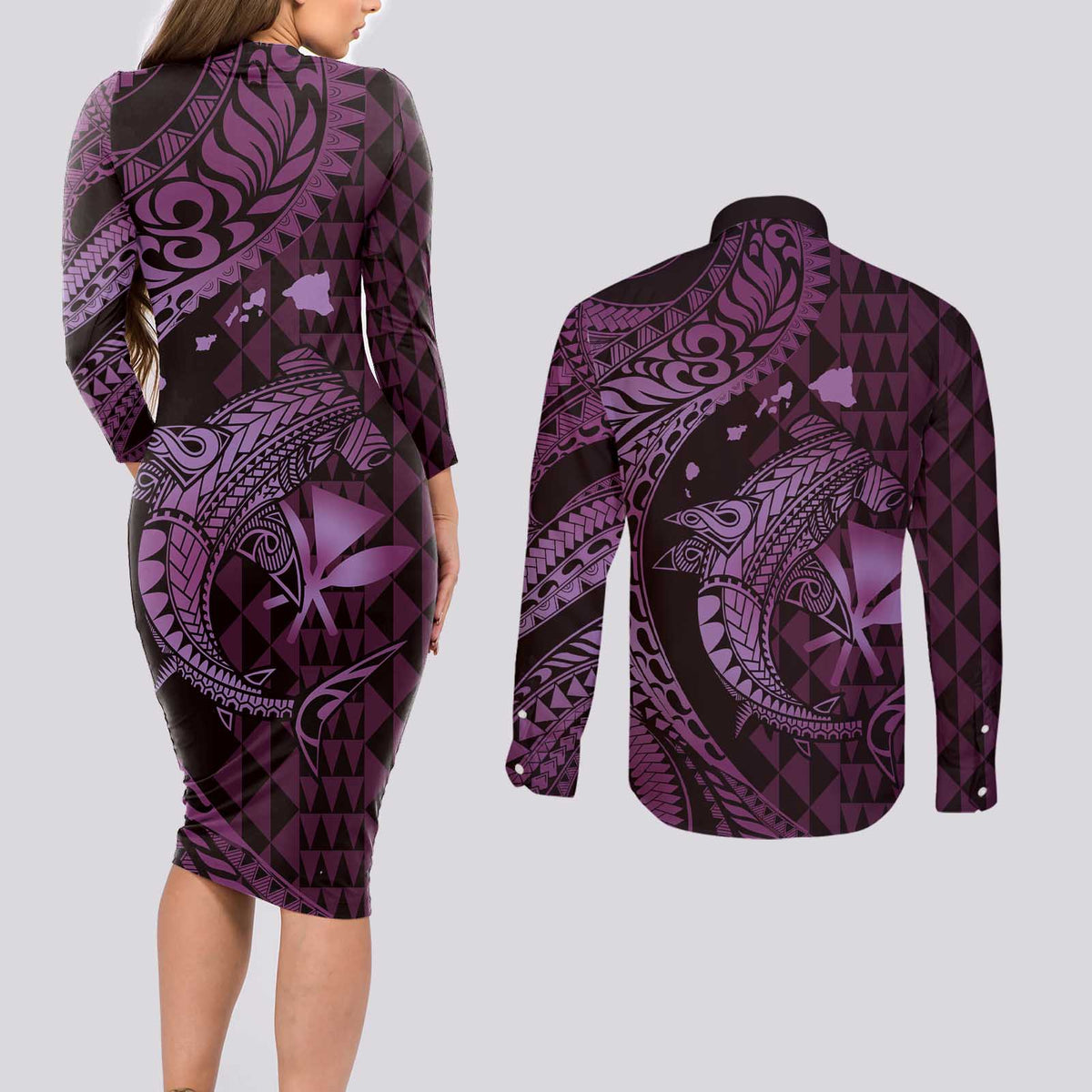 Aloha Hawaii Hammerhead Shark Couples Matching Long Sleeve Bodycon Dress and Long Sleeve Button Shirt Purple Kakau and Polynesian Tattoo LT03