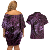 Aloha Hawaii Hammerhead Shark Couples Matching Off Shoulder Short Dress and Hawaiian Shirt Purple Kakau and Polynesian Tattoo LT03