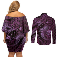 Aloha Hawaii Hammerhead Shark Couples Matching Off Shoulder Short Dress and Long Sleeve Button Shirt Purple Kakau and Polynesian Tattoo LT03