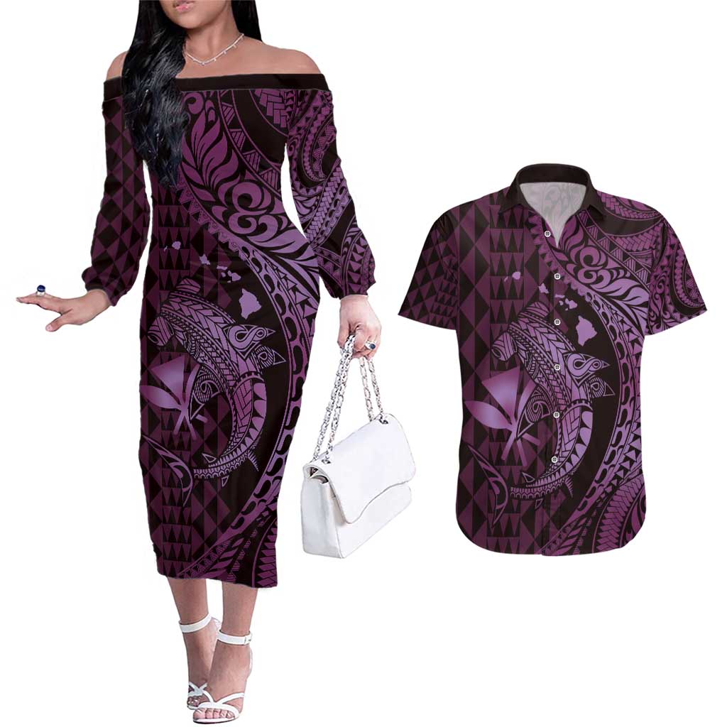 Aloha Hawaii Hammerhead Shark Couples Matching Off The Shoulder Long Sleeve Dress and Hawaiian Shirt Purple Kakau and Polynesian Tattoo LT03 Purple - Polynesian Pride