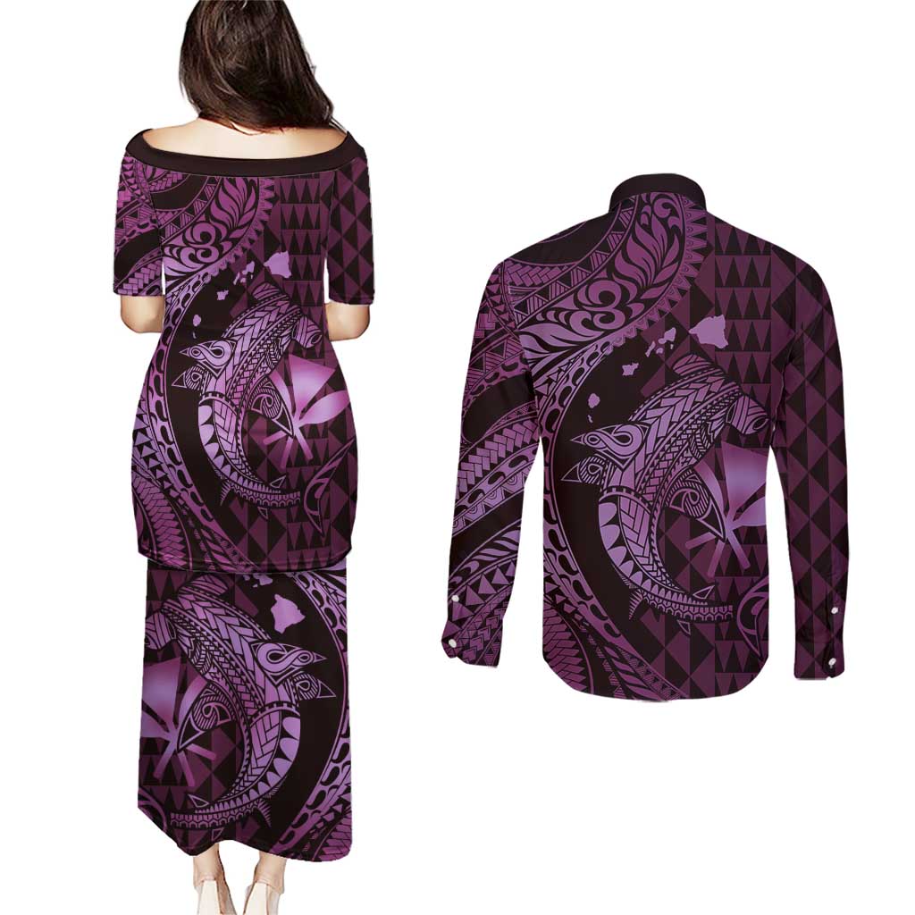 Aloha Hawaii Hammerhead Shark Couples Matching Puletasi and Long Sleeve Button Shirt Purple Kakau and Polynesian Tattoo LT03