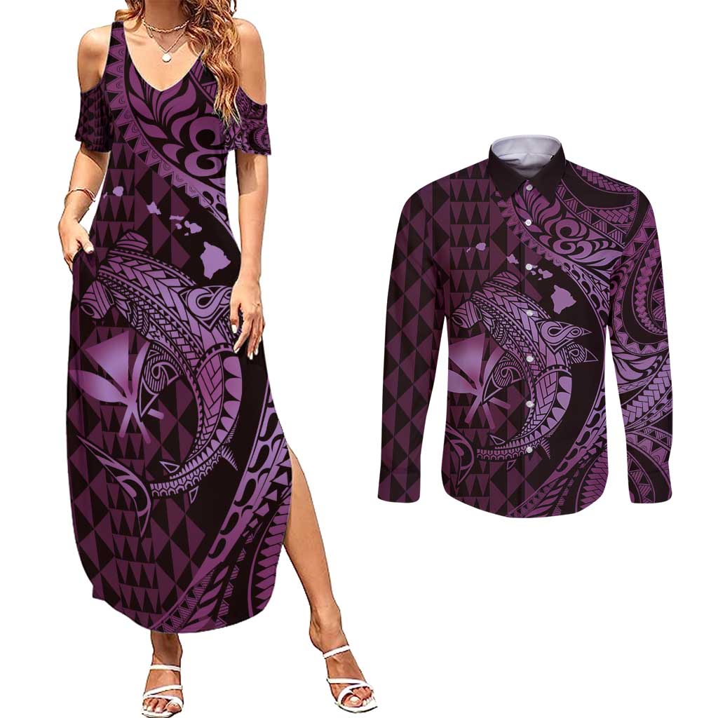 Aloha Hawaii Hammerhead Shark Couples Matching Summer Maxi Dress and Long Sleeve Button Shirt Purple Kakau and Polynesian Tattoo LT03 Purple - Polynesian Pride