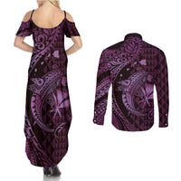 Aloha Hawaii Hammerhead Shark Couples Matching Summer Maxi Dress and Long Sleeve Button Shirt Purple Kakau and Polynesian Tattoo LT03