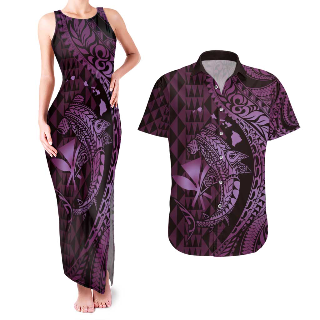 Aloha Hawaii Hammerhead Shark Couples Matching Tank Maxi Dress and Hawaiian Shirt Purple Kakau and Polynesian Tattoo LT03 Purple - Polynesian Pride