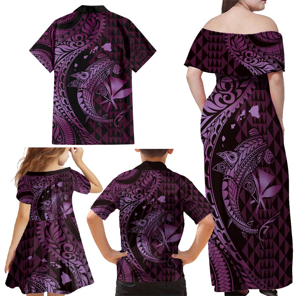 Aloha Hawaii Hammerhead Shark Family Matching Off Shoulder Maxi Dress and Hawaiian Shirt Purple Kakau and Polynesian Tattoo LT03