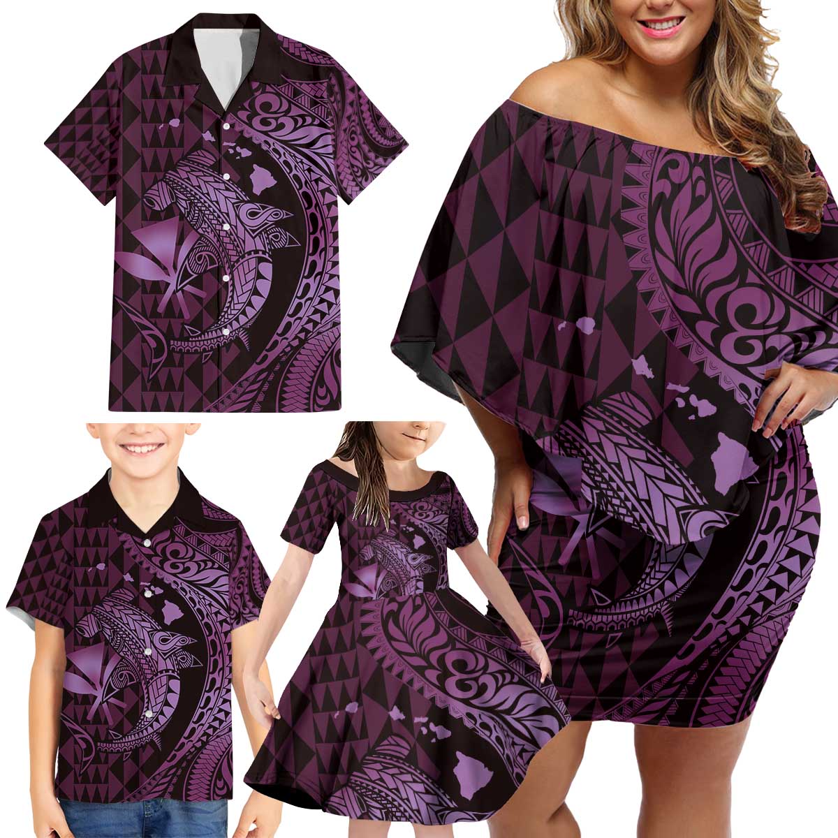 Aloha Hawaii Hammerhead Shark Family Matching Off Shoulder Short Dress and Hawaiian Shirt Purple Kakau and Polynesian Tattoo LT03 - Polynesian Pride
