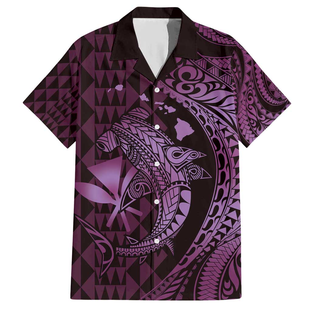 Aloha Hawaii Hammerhead Shark Family Matching Short Sleeve Bodycon Dress and Hawaiian Shirt Purple Kakau and Polynesian Tattoo LT03