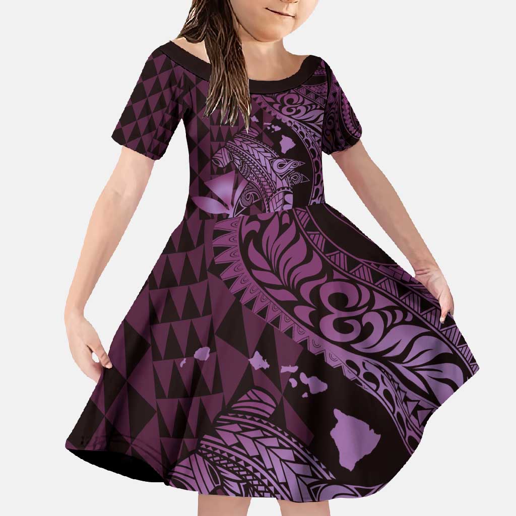 Aloha Hawaii Hammerhead Shark Family Matching Summer Maxi Dress and Hawaiian Shirt Purple Kakau and Polynesian Tattoo LT03 Daughter's Dress Purple - Polynesian Pride