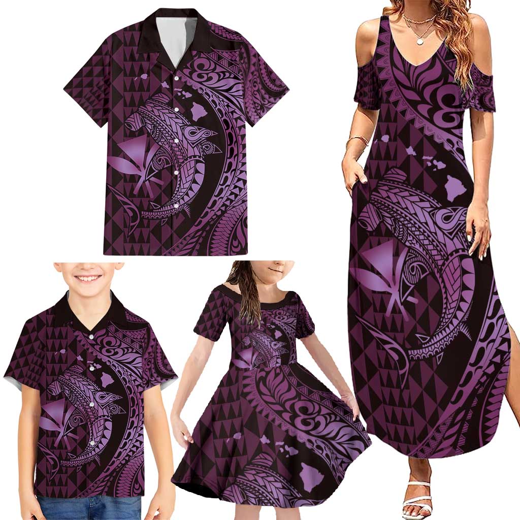 Aloha Hawaii Hammerhead Shark Family Matching Summer Maxi Dress and Hawaiian Shirt Purple Kakau and Polynesian Tattoo LT03 - Polynesian Pride