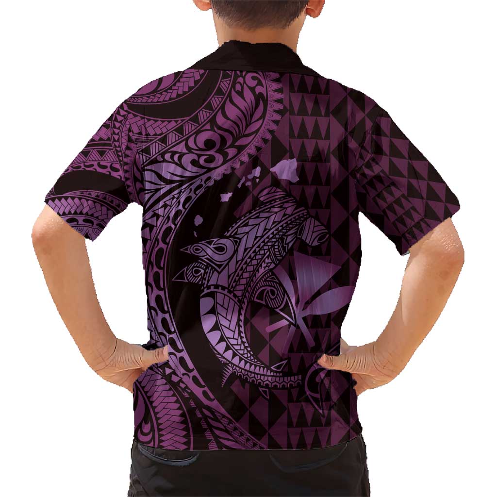 Aloha Hawaii Hammerhead Shark Kid Hawaiian Shirt Purple Kakau and Polynesian Tattoo LT03