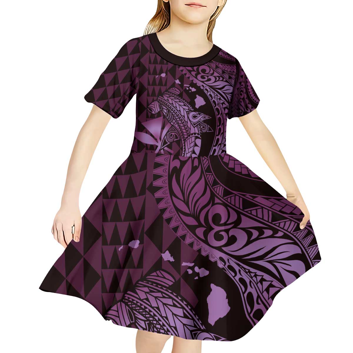 Aloha Hawaii Hammerhead Shark Kid Short Sleeve Dress Purple Kakau and Polynesian Tattoo LT03