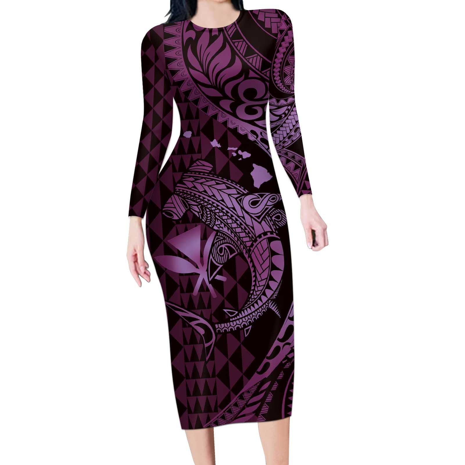 Aloha Hawaii Hammerhead Shark Long Sleeve Bodycon Dress Purple Kakau and Polynesian Tattoo LT03 Long Dress Purple - Polynesian Pride