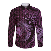 Aloha Hawaii Hammerhead Shark Long Sleeve Button Shirt Purple Kakau and Polynesian Tattoo LT03 Unisex Purple - Polynesian Pride