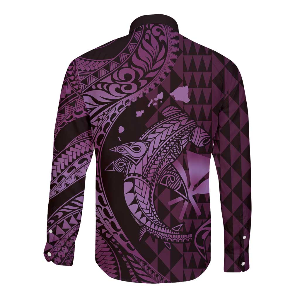 Aloha Hawaii Hammerhead Shark Long Sleeve Button Shirt Purple Kakau and Polynesian Tattoo LT03 - Polynesian Pride