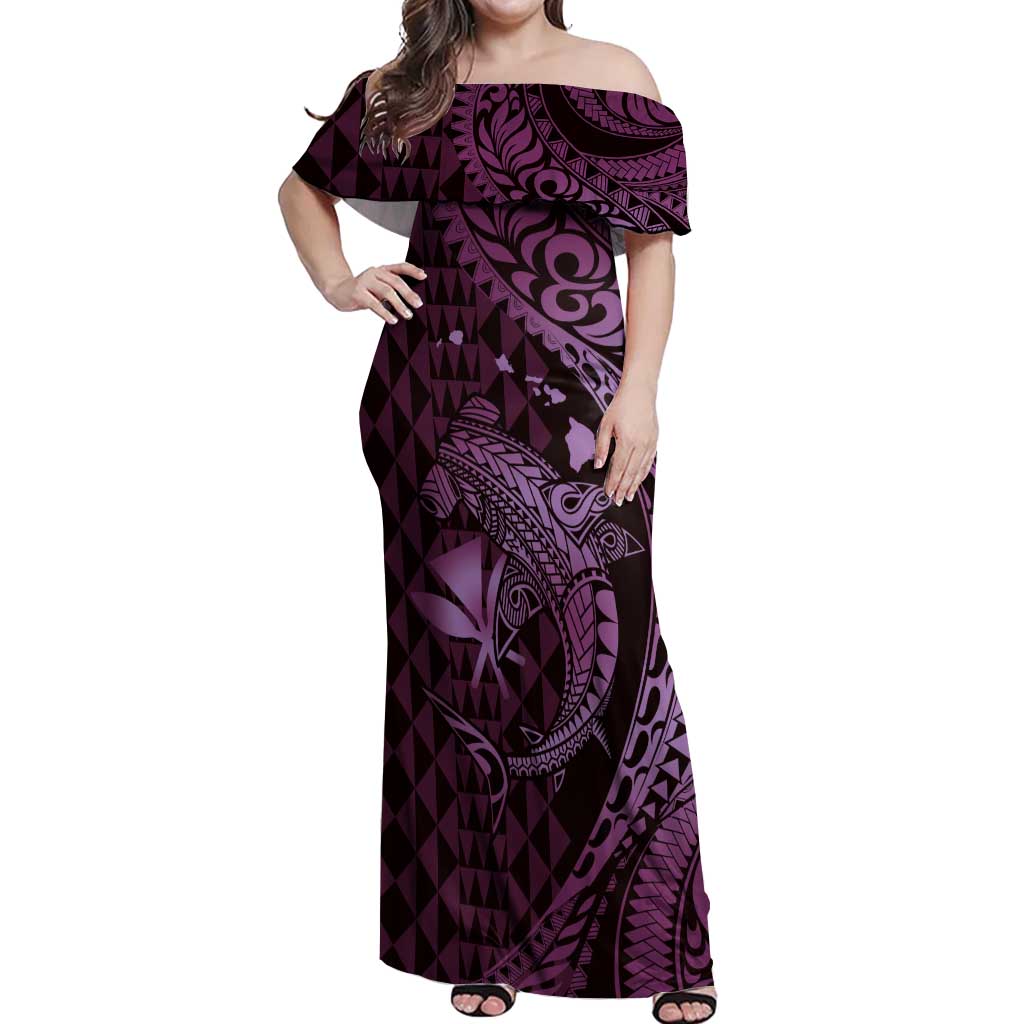 Aloha Hawaii Hammerhead Shark Off Shoulder Maxi Dress Purple Kakau and Polynesian Tattoo LT03 Women Purple - Polynesian Pride