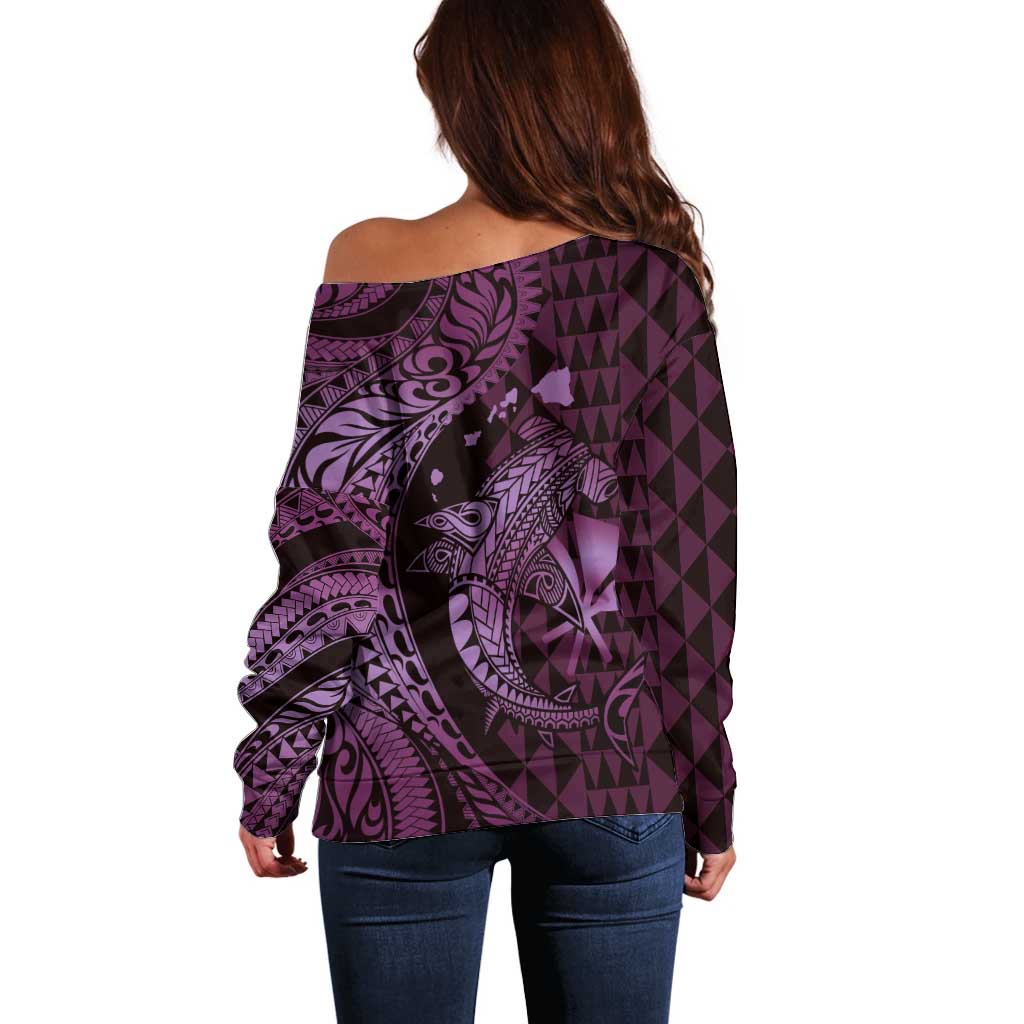 Aloha Hawaii Hammerhead Shark Off Shoulder Sweater Purple Kakau and Polynesian Tattoo LT03