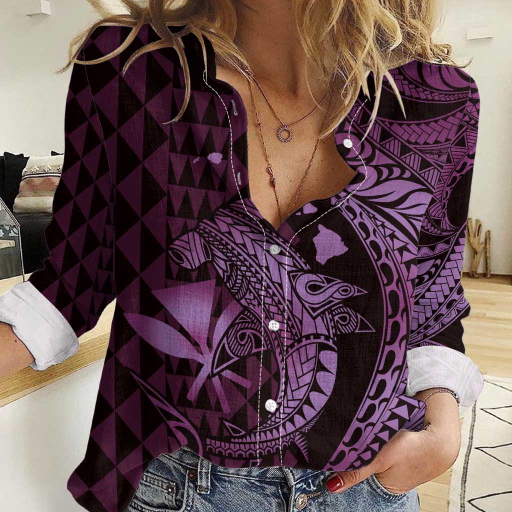 Aloha Hawaii Hammerhead Shark Women Casual Shirt Purple Kakau and Polynesian Tattoo LT03