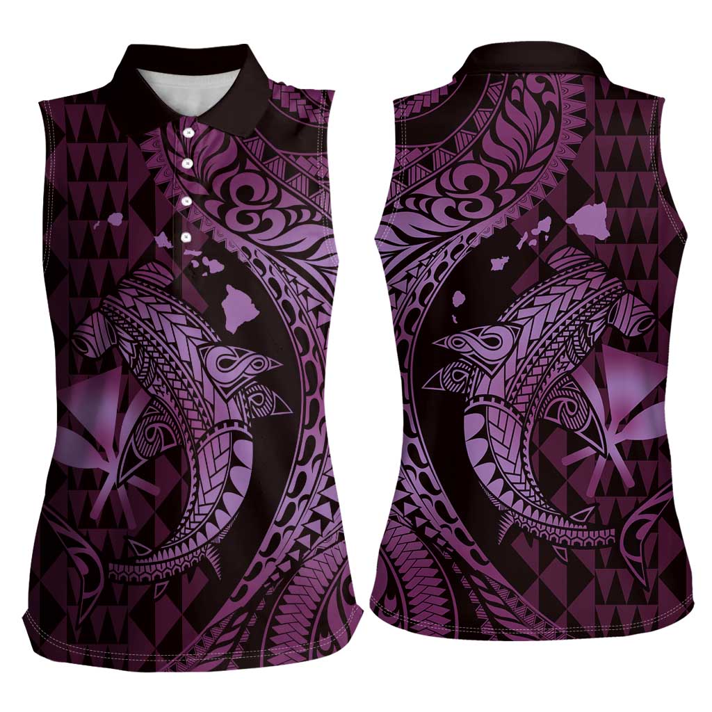 Aloha Hawaii Hammerhead Shark Women Sleeveless Polo Shirt Purple Kakau and Polynesian Tattoo LT03