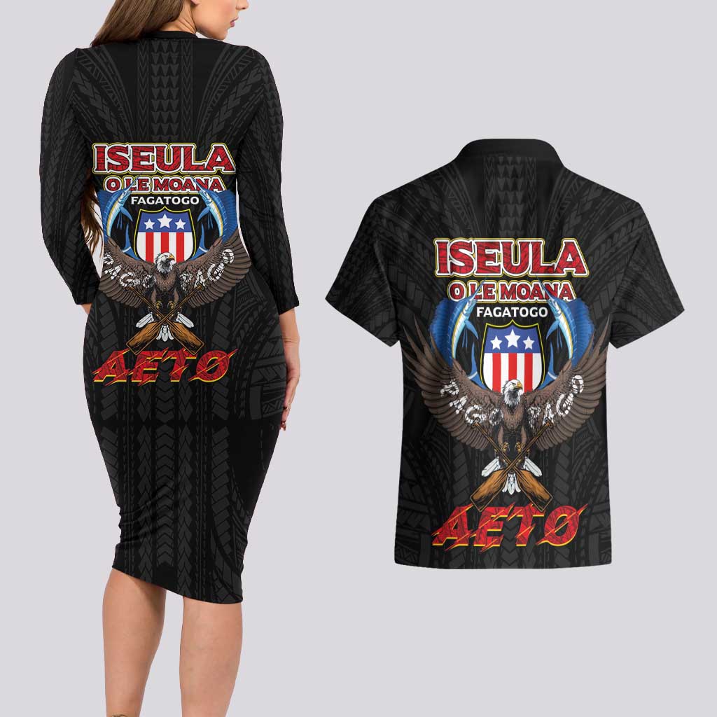 American Samoa Fautasi Couples Matching Long Sleeve Bodycon Dress and Hawaiian Shirt Pago Pago Aeto and Iseula o le Moana of Fagatogo Black Color - Polynesian Pride
