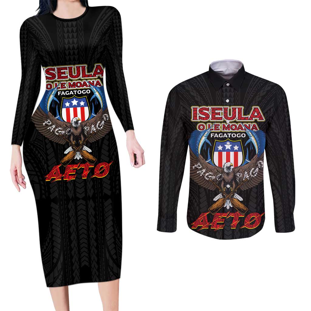 American Samoa Fautasi Couples Matching Long Sleeve Bodycon Dress and Long Sleeve Button Shirt Pago Pago Aeto and Iseula o le Moana of Fagatogo Black Color - Polynesian Pride