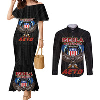 American Samoa Fautasi Couples Matching Mermaid Dress and Long Sleeve Button Shirt Pago Pago Aeto and Iseula o le Moana of Fagatogo Black Color - Polynesian Pride