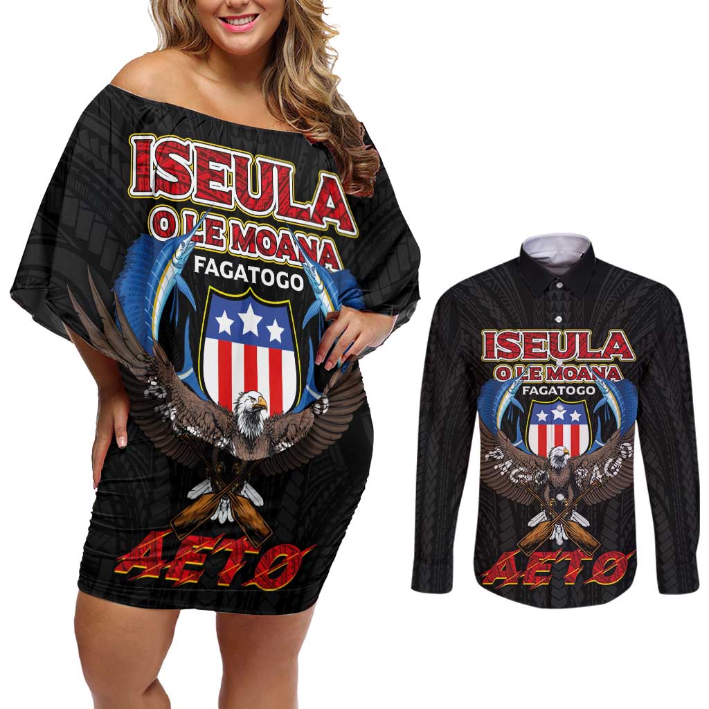 American Samoa Fautasi Couples Matching Off Shoulder Short Dress and Long Sleeve Button Shirt Pago Pago Aeto and Iseula o le Moana of Fagatogo Black Color - Polynesian Pride