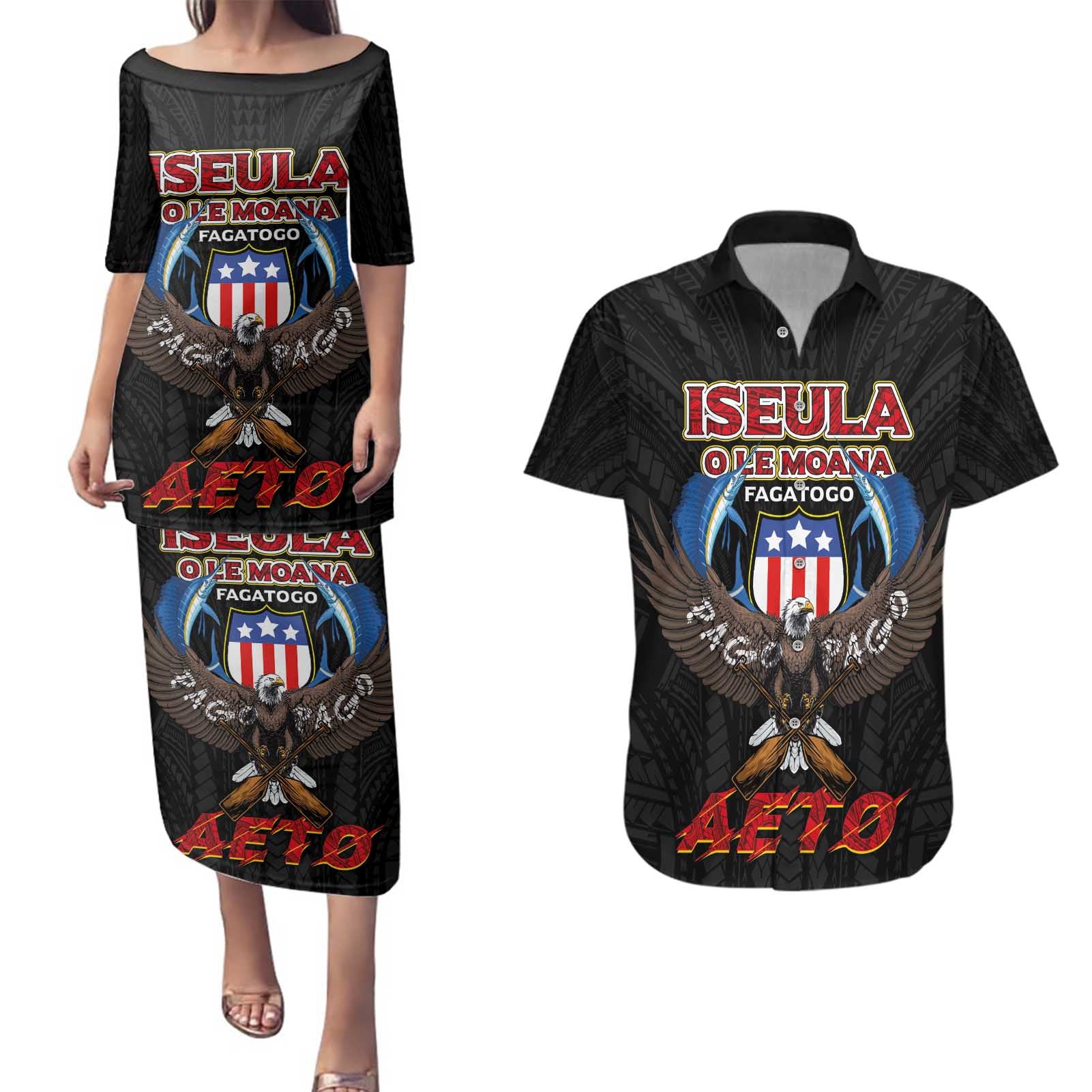 American Samoa Fautasi Couples Matching Puletasi and Hawaiian Shirt Pago Pago Aeto and Iseula o le Moana of Fagatogo Black Color - Polynesian Pride