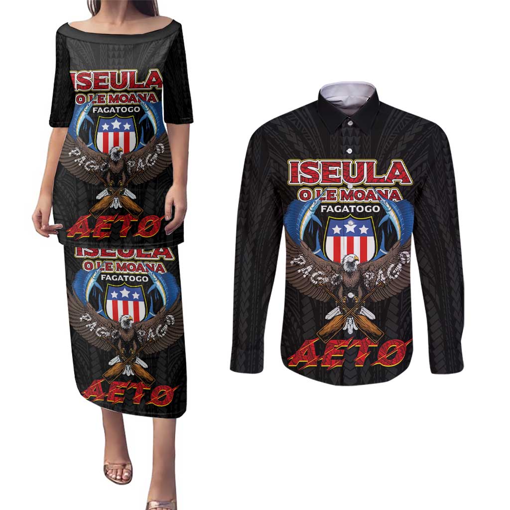 American Samoa Fautasi Couples Matching Puletasi and Long Sleeve Button Shirt Pago Pago Aeto and Iseula o le Moana of Fagatogo Black Color - Polynesian Pride