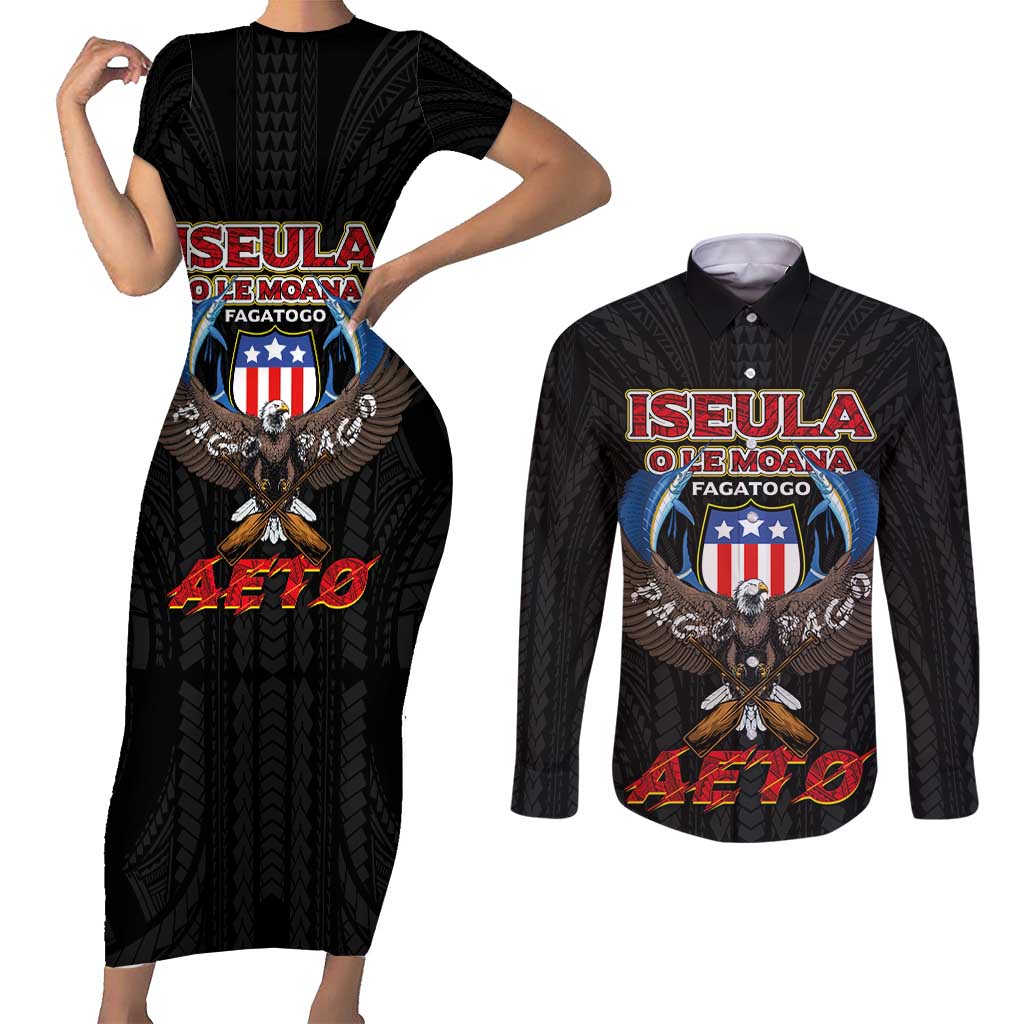 American Samoa Fautasi Couples Matching Short Sleeve Bodycon Dress and Long Sleeve Button Shirt Pago Pago Aeto and Iseula o le Moana of Fagatogo Black Color LT03 Black - Polynesian Pride