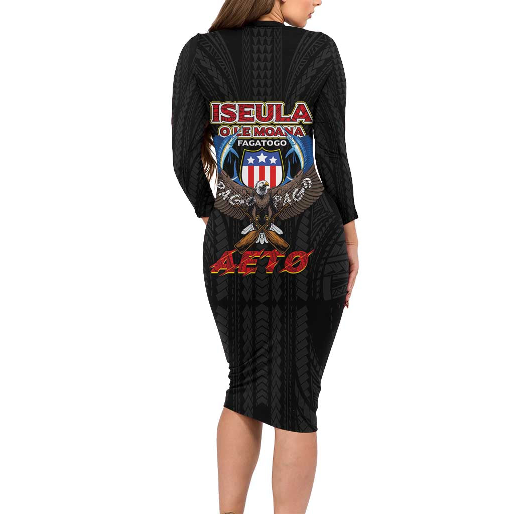 American Samoa Fautasi Family Matching Long Sleeve Bodycon Dress and Hawaiian Shirt Pago Pago Aeto and Iseula o le Moana of Fagatogo Black Color - Polynesian Pride