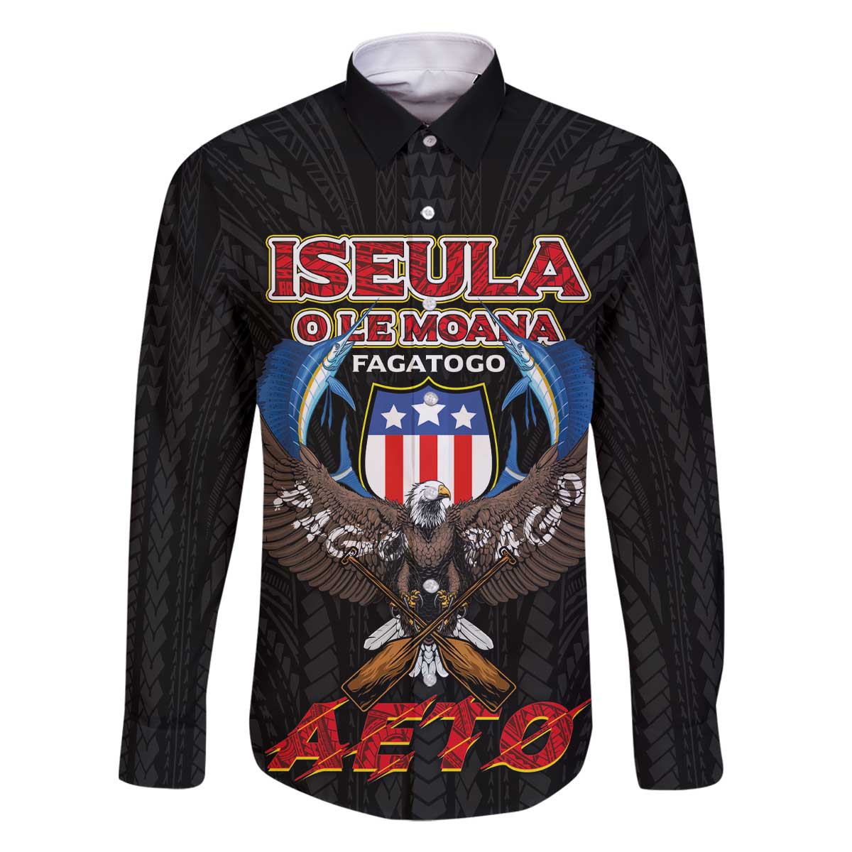 American Samoa Fautasi Family Matching Off The Shoulder Long Sleeve Dress and Hawaiian Shirt Pago Pago Aeto and Iseula o le Moana of Fagatogo Black Color - Polynesian Pride