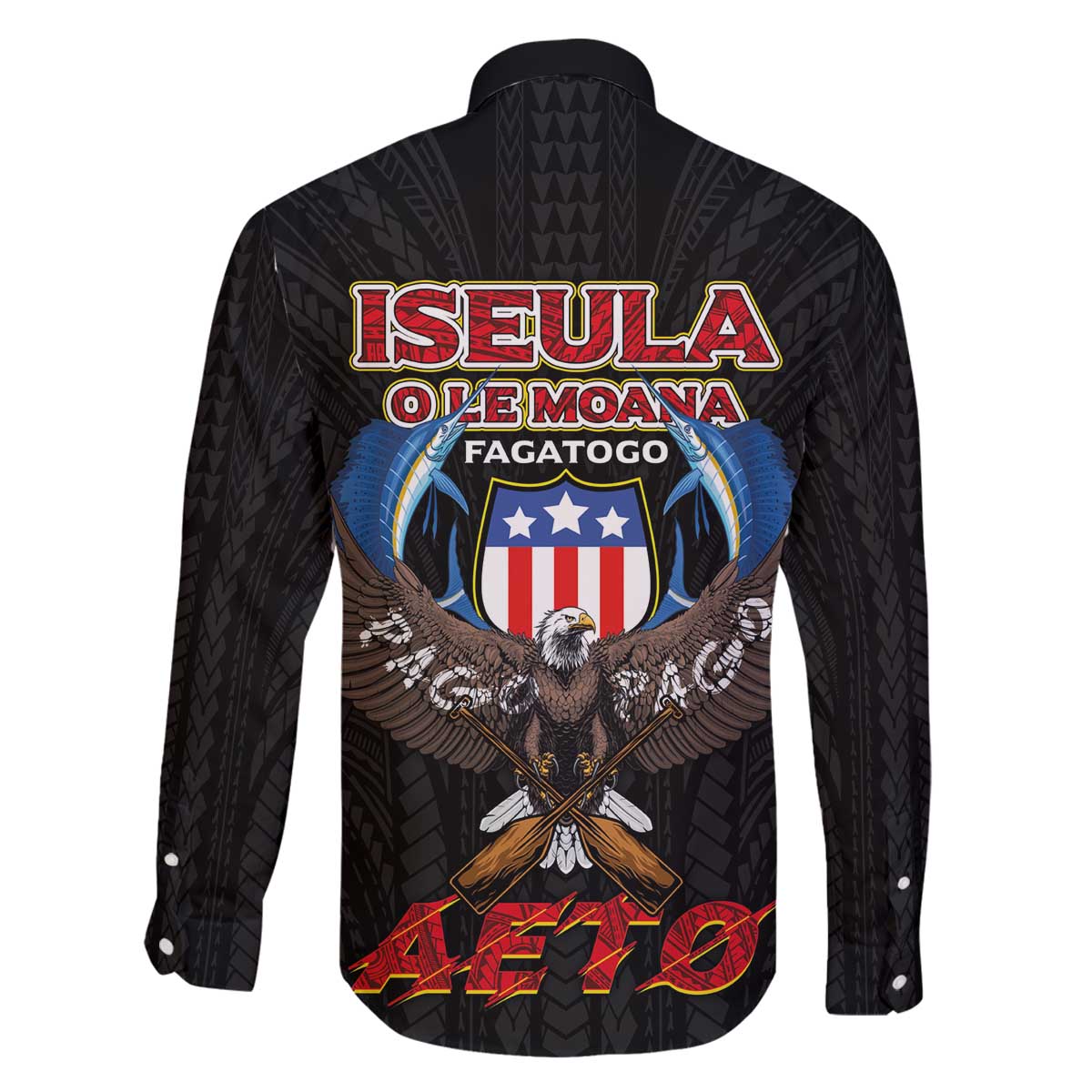 American Samoa Fautasi Family Matching Off The Shoulder Long Sleeve Dress and Hawaiian Shirt Pago Pago Aeto and Iseula o le Moana of Fagatogo Black Color - Polynesian Pride