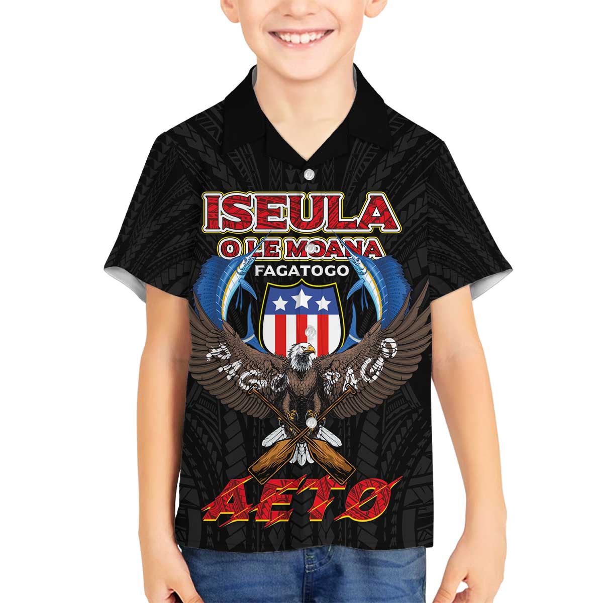 American Samoa Fautasi Family Matching Off The Shoulder Long Sleeve Dress and Hawaiian Shirt Pago Pago Aeto and Iseula o le Moana of Fagatogo Black Color - Polynesian Pride