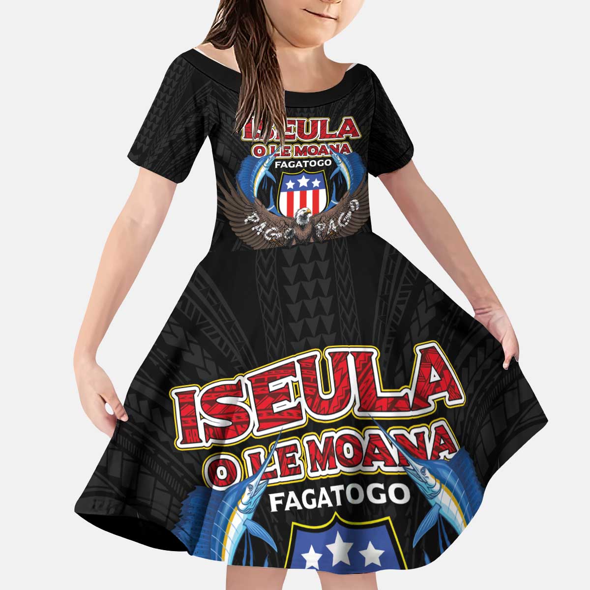American Samoa Fautasi Kid Short Sleeve Dress Pago Pago Aeto and Iseula o le Moana of Fagatogo Black Color - Polynesian Pride